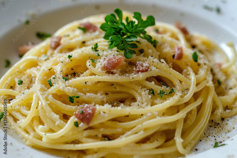 Close-up image of a single dish of Spaghetti Carbonara, Italian cuisine, detailed textures, stock photo style Close-up image of a single dish of Spaghetti Carbonara, Italian cuisine, detailed textures, stock photo style