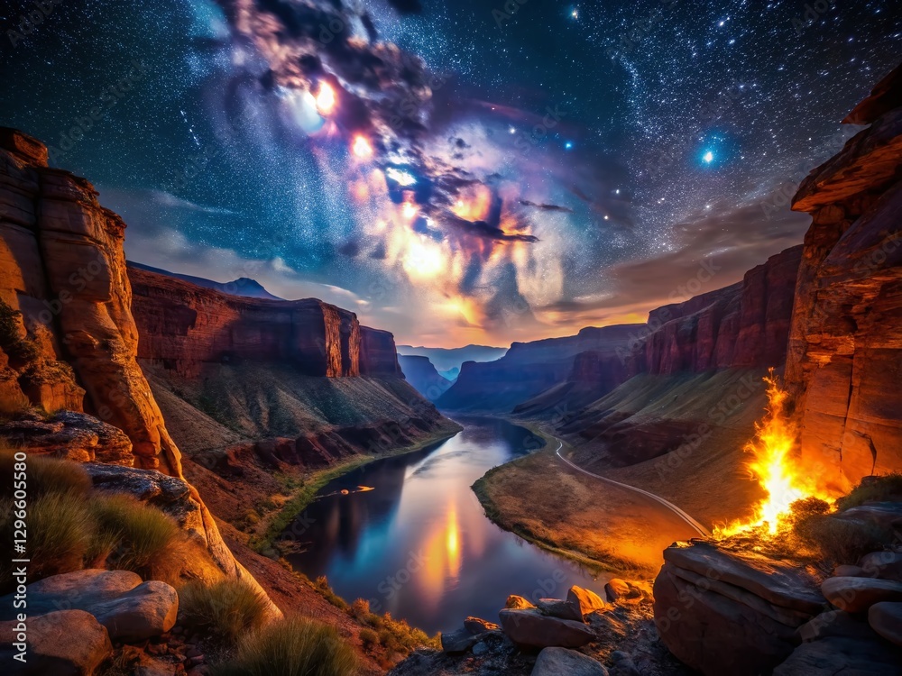 Fototapeta premium Majestic Canyon Night Scene: Bonfire by River, Starry Sky, Dramatic Landscape Photography