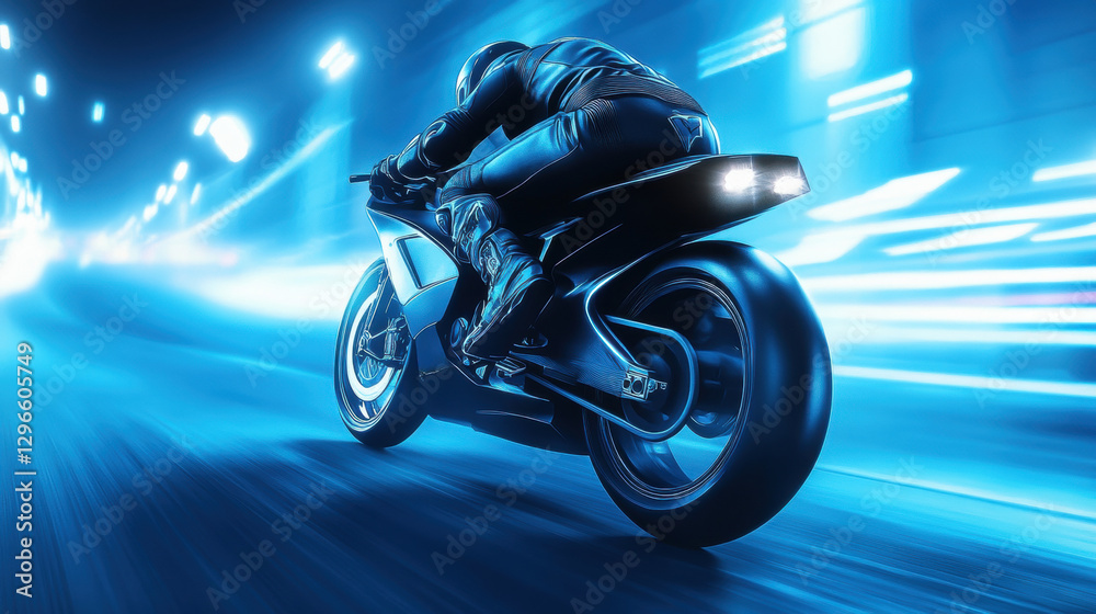 Motorcycle rider speeding on a highway at night. Motorcycle rider speeding on a highway at night.