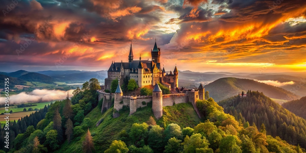 Fototapeta premium Majestic Castle on Scenic Hilltop - Long Exposure Fantasy Landscape