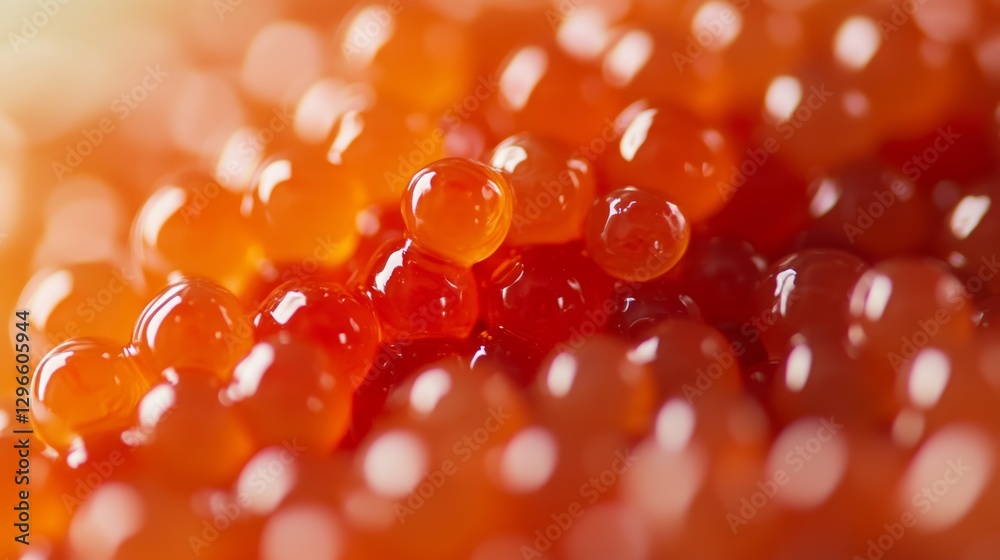 Close-up of vibrant orange salmon roe with shiny texture and soft lighting. Close-up of vibrant orange salmon roe with shiny texture and soft lighting.
