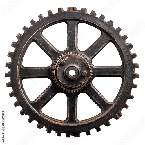An ultra-realistic close-up of an antique U.S. mill gear with intricate mechanical details, isolated on a pure white background with no shadows.