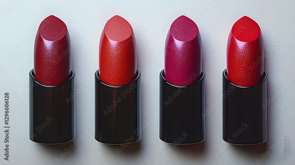 Obraz premium Four colorful lipsticks presented in a row on a white surface