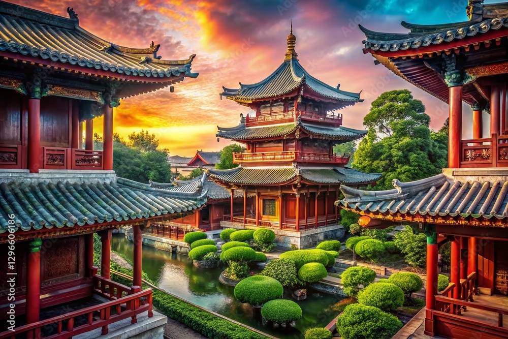 Majestic Chinese Ancient Architecture: High-Resolution Stock Photo of Ancient Pagoda and Courtyard Majestic Chinese Ancient Architecture: High-Resolution Stock Photo of Ancient Pagoda and Courtyard