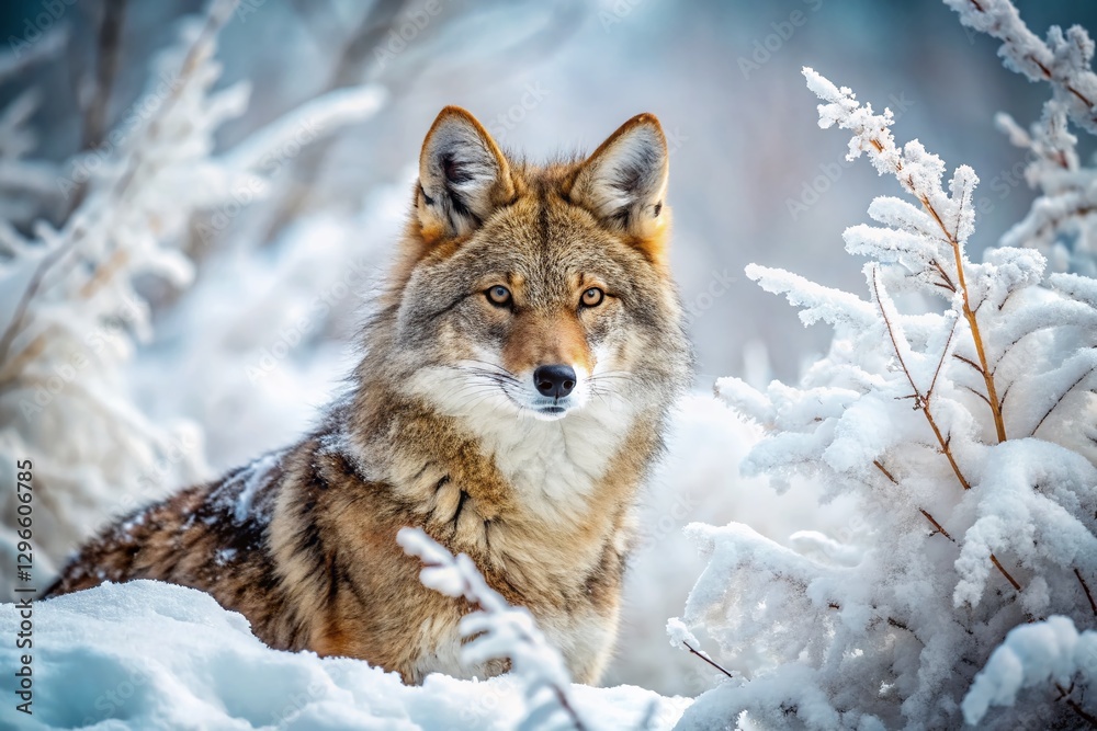 Naklejka premium Majestic Coyote Winter Camouflage: Stunning Vintage Wildlife Photo
