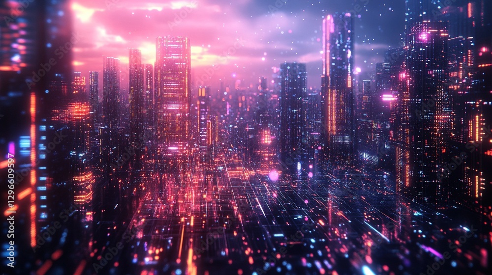 Modern High-Tech Cityscape with Space and Neon Effect, Digital Urban Design for Banner Modern High-Tech Cityscape with Space and Neon Effect, Digital Urban Design for Banner