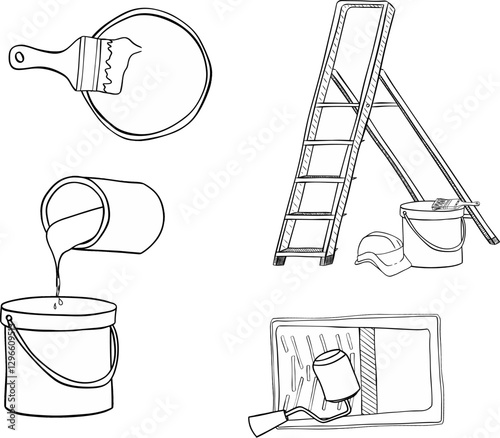 Painter tools composition set. Vector graphic line ink illustration of step ladder, brushes, color cans, rollers and paint tray, isolated