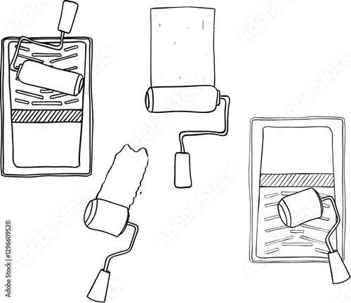 The paint roller with strokes and trails composition set. Vector graphic line ink illustration isolated Decorating and painting, repair symbol.