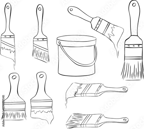 painter tools brushes with color can set. Isolated graphic line ink illustration vector  on white background