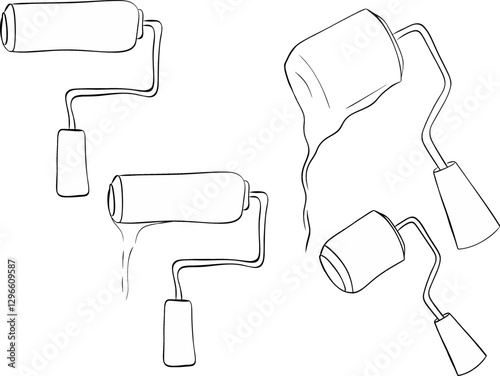Paint roller brush with paint stroke set, Vector graphic line ink illustration isolated