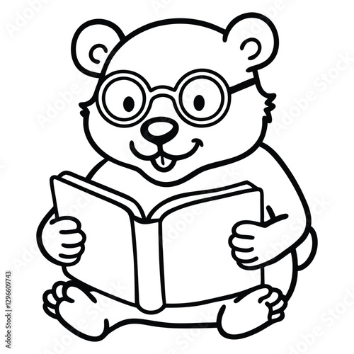 a bear in glasses reading a big storybook color line art