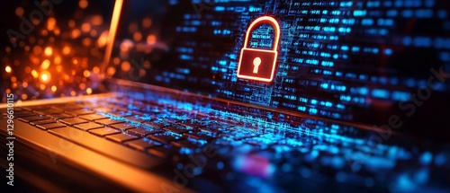 A laptop with a glowing lock icon amid data streams, symbolizing cybersecurity and digital protection in a tech-driven environment.