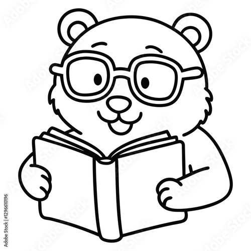a bear in glasses reading a big storybook color line art