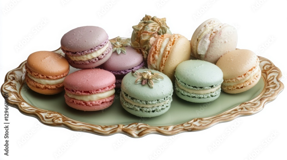 Obraz premium A selection of colorful French macarons in various pastel hues, arranged on a decorative plate, showcasing the delicate beauty and sweetness of this famous French dessert