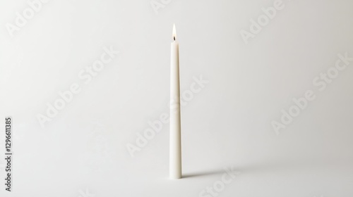 Lit white candle on plain backdrop