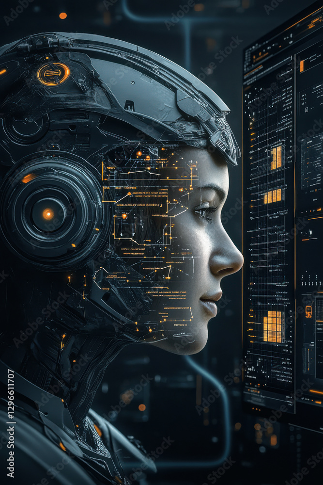 Futuristic cyborg woman analyzing digital interface with advanced ai technology