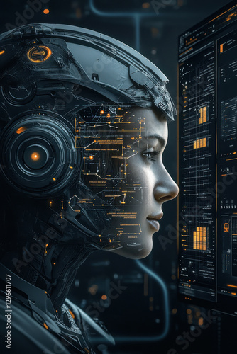 Obraz na płótnie Futuristic cyborg woman analyzing digital interface with advanced ai technology w salonie