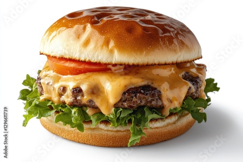 A mouthwatering triple cheeseburger stacked with juicy beef patties, melted cheese, fresh lettuce, tomato, and a toasted brioche bun