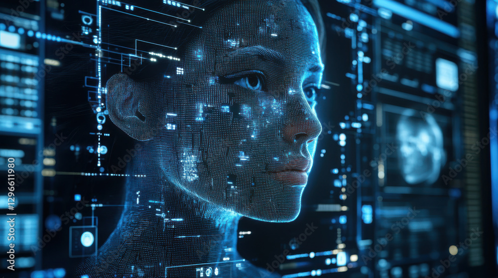 Futuristic woman ai interface with digital holographic elements and data panels