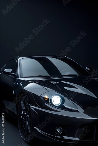 Close-up of a sleek, dark luxury car with a glowing headlight, emphasizing its elegant design.