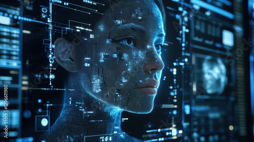 Obraz na płótnie Futuristic woman ai interface with digital holographic elements and data panels w salonie