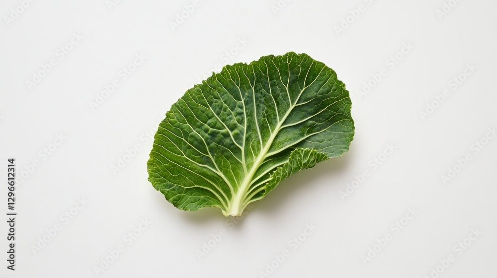 Cabbage leaf rests on plain white surface Cabbage leaf rests on plain white surface