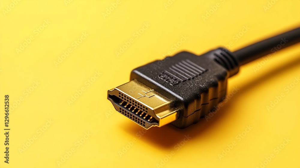 HDMI cable close-up, yellow background, connection, technology HDMI cable close-up, yellow background, connection, technology