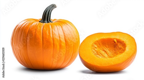 Ripe Orange Pumpkin Halved on White Background