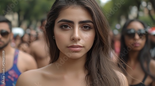 A young woman with long dark hair stands at the forefront of a bustling festival in a park. The daylight highlights her features as she gazes ahead, surrounded by cheerful festival-goers