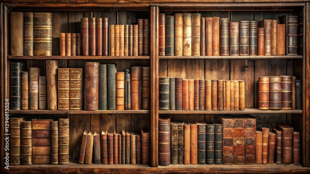 A dusty old bookshelf with faded leather-bound books and vintage paperbacks A dusty old bookshelf with faded leather-bound books and vintage paperbacks