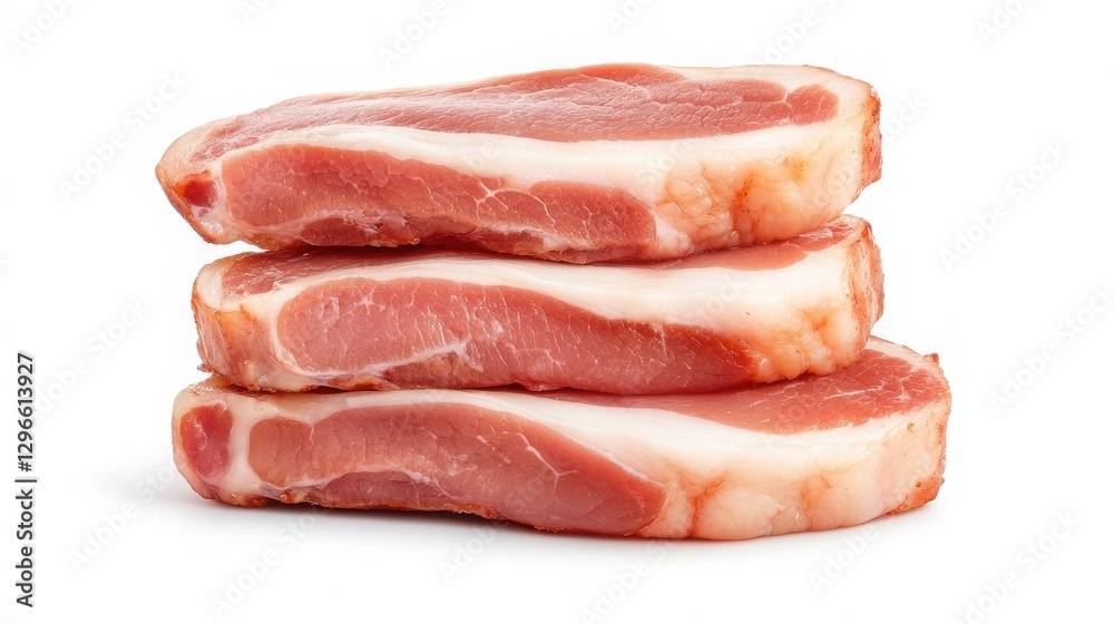 Three Raw Pork Belly Slices on White Background Three Raw Pork Belly Slices on White Background