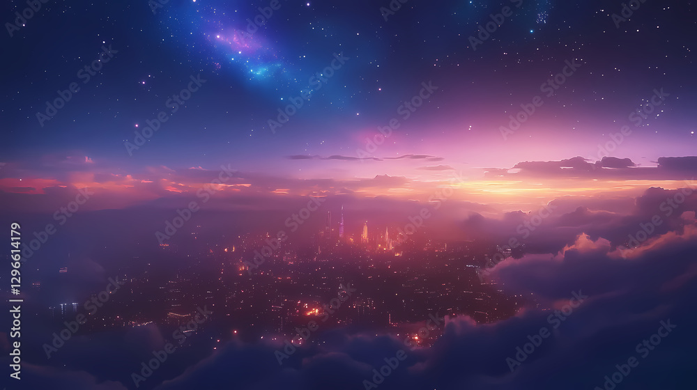 Fototapeta premium Ethereal cityscape under a cosmic sky at night. Glowing Nebula Cityscape. Illustration