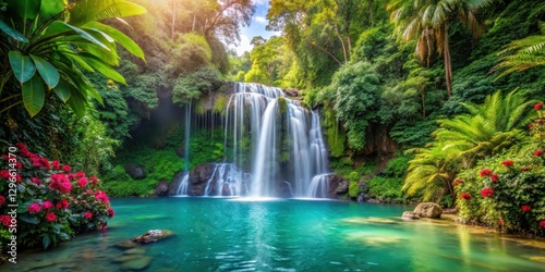 Dense foliage surrounds a serene waterfall cascading into a crystal-clear pool amidst towering trees with vibrant greenery and exotic flowers, tropical forest, lush greenery