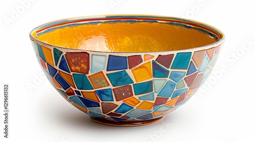 A decorative ceramic bowl with a hand-painted mosaic pattern in vibrant hues, isolated on a clean white background. The high-definition image captures the intricate details and glossy glaze.