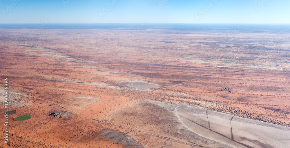 large pan and farm with round fields in sand dunes at Kalahari desert countryside, Kalahari Auob Camp, Namibia