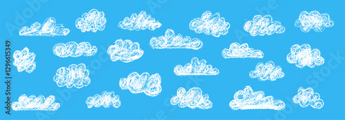 Set of abstract pencil clouds. Hand drawn cartoon cloudy sky. Vector illustration of collection of white eddy on blue background. Imitation of a child's drawing with pencils on blackboard.