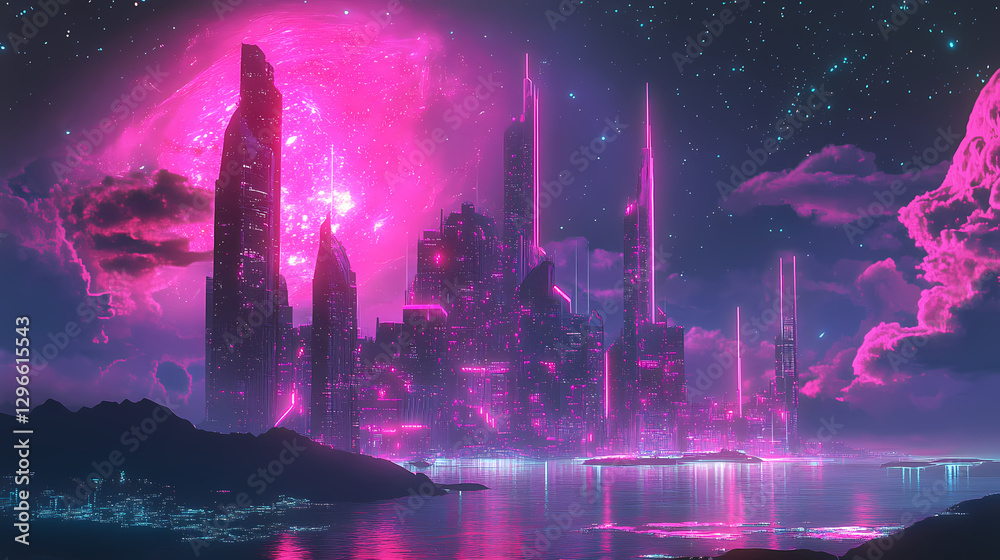 Futuristic cityscape with glowing neon lights and a pink nebula in the night sky. Glowing Nebula Cityscape. Illustration Futuristic cityscape with glowing neon lights and a pink nebula in the night sky. Glowing Nebula Cityscape. Illustration