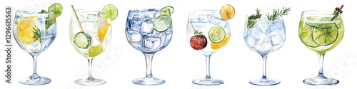 Set watercolor of cocktail drink gin tonic glasses with fruits and ice isolated on transparent background