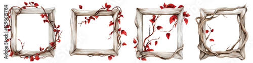 Set rectangular shape watercolor frames borders with wood and red leaves creeper root isolated on transparent background
