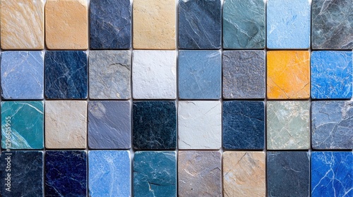 Close up of decorative blue and yellow tile with intricate patterns and textures