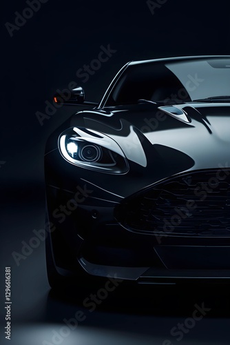 Close-up of a sleek, dark luxury car with a glowing headlight, emphasizing its elegant design.