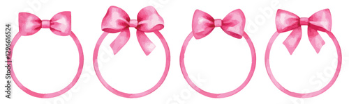 Set watercolor circle frame border with pink ribbon bows isolated on transparent background