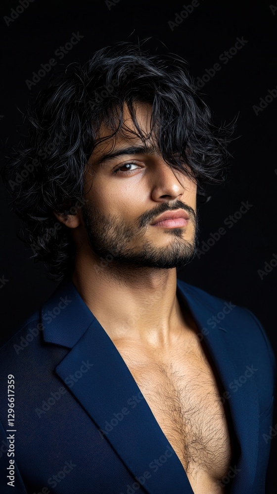 Fototapeta premium A man with a beard and a shaved head is wearing a blue suit