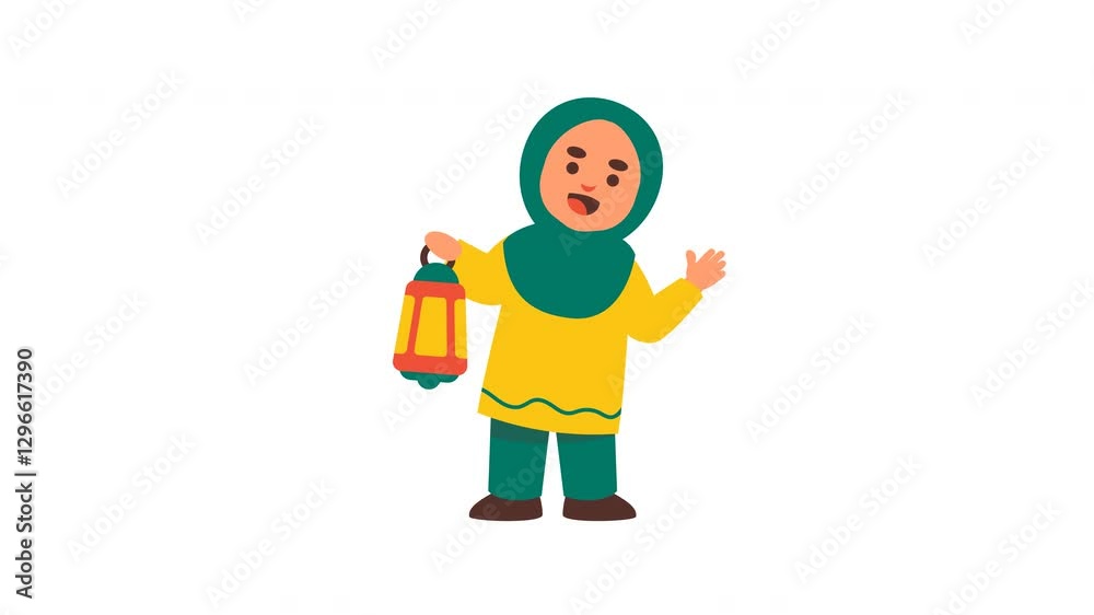Cheerful muslim girl holding a lantern animation for islamic celebrations Cheerful muslim girl holding a lantern animation for islamic celebrations