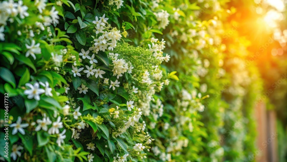 Fragrant jasmine vines cascade down a lush green wall covered with vibrant blooming flowers, showcasing the beauty of nature on a sunny day, floral arrangement, garden Fragrant jasmine vines cascade down a lush green wall covered with vibrant blooming flowers, showcasing the beauty of nature on a sunny day, floral arrangement, garden