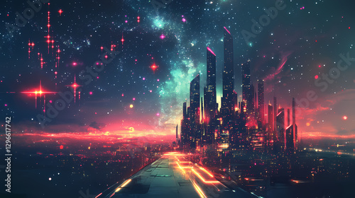 Under a starry sky, a futuristic night cityscape with glowing pathways. Glowing Nebula Cityscape. Illustration
