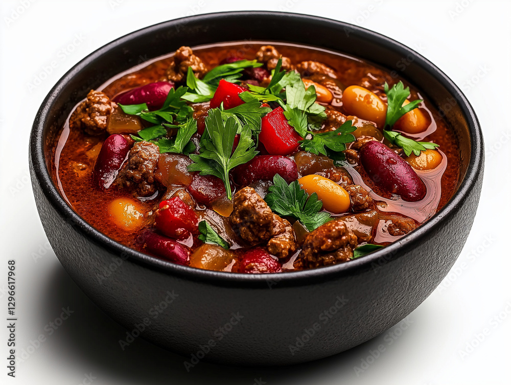 delicious bowl of chili con carne featuring ground beef, kidney beans, and colorful vegetables, garnished with fresh parsley. Perfect for hearty meal delicious bowl of chili con carne featuring ground beef, kidney beans, and colorful vegetables, garnished with fresh parsley. Perfect for hearty meal