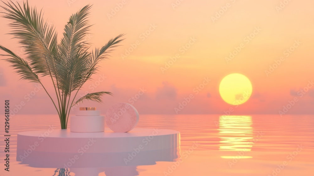 Tropical Sunset Scene with Palm Tree, Platform and Sphere Tropical Sunset Scene with Palm Tree, Platform and Sphere