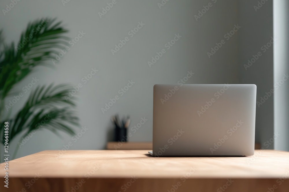 Fototapeta premium sleek home office with laptop open on coaching platform simple decor and natural lighting abundant copy space