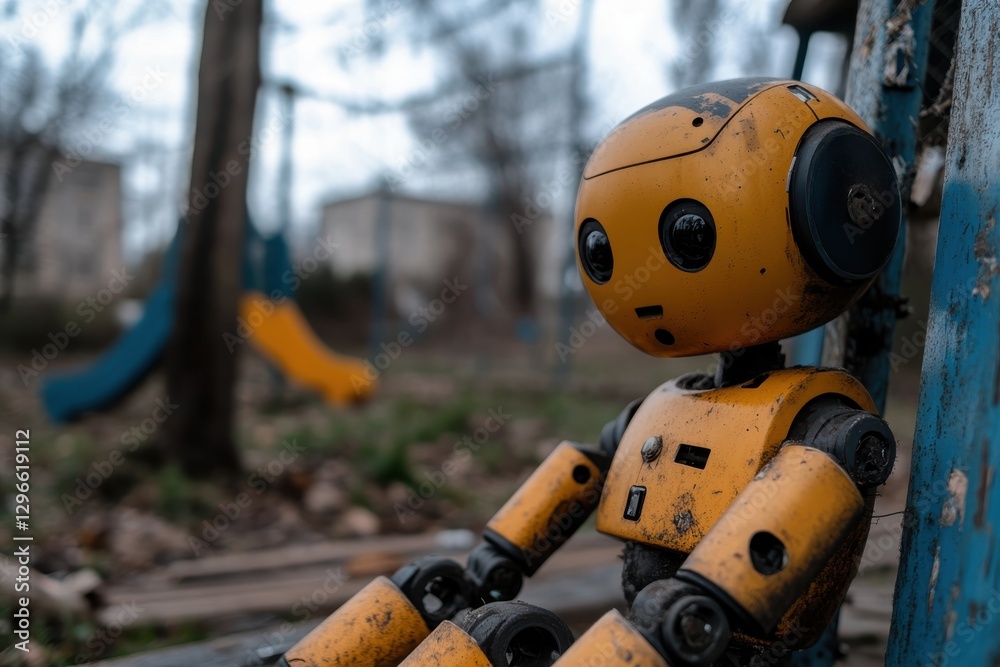 A thoughtful robot gazes wistfully in an abandoned playground, a poignant reflection on the intersection of technology, nostalgia, and forgotten childhood joy. A thoughtful robot gazes wistfully in an abandoned playground, a poignant reflection on the intersection of technology, nostalgia, and forgotten childhood joy.